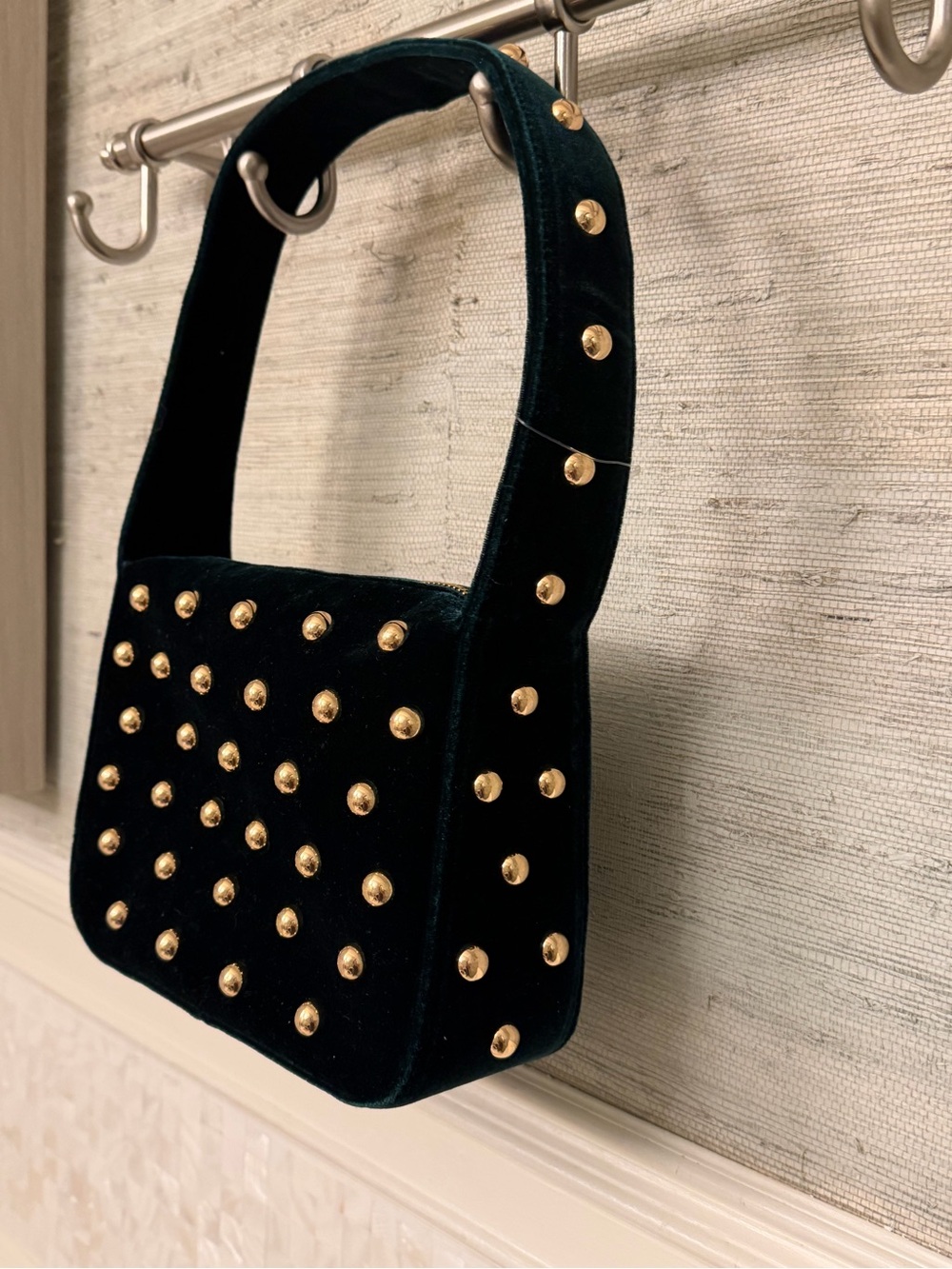 NWOT New without tags Anthropologie studded velvet shoulder bag purse dark green - Picture 10 of 16
